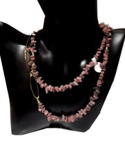 Pink opaque quartz bead necklace with gold link chains, very long