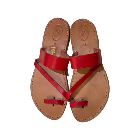 Greek Leather Sandals, "Aphrodite"  - toe sling and diagonal strap design, red