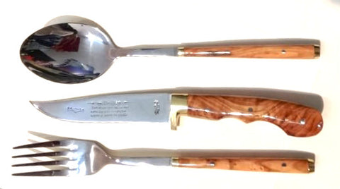 Hand made premium stainless steel forks, knives and spoon with handles made of olive wood