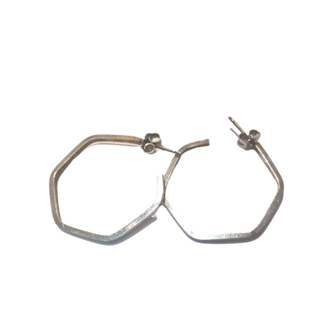 Solid silver hexagonal hoop earrings, hand made in Greece