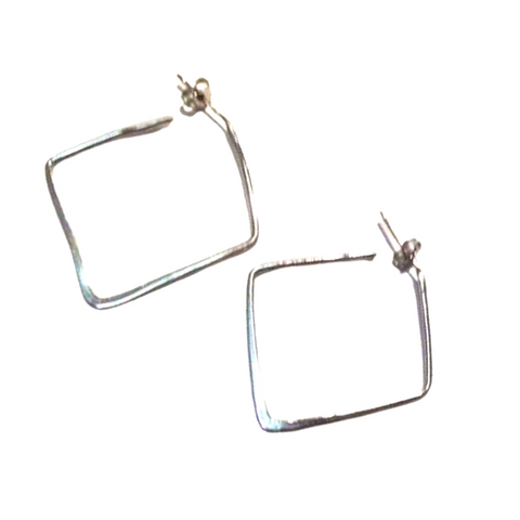Solid silver open square hoop earrings, hand made in Greece