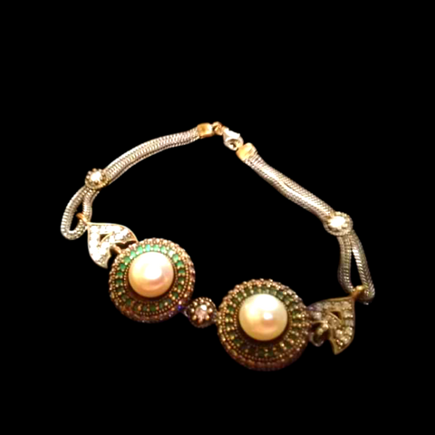 Byzantine museum copy, set of solid silver, and 22 carat gold bracelet and earrings with emeralds, majorica pearls and swarovski crystals