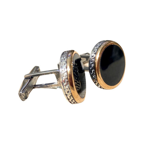 Gold and silver cufflinks with onyx, and Greek key pattern, hand made in Greece