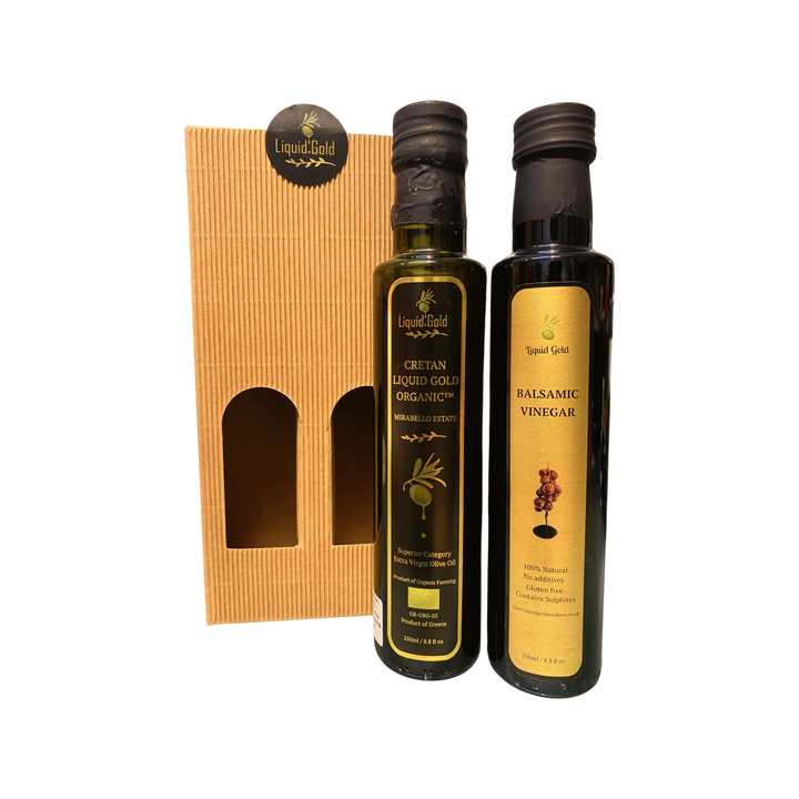 Luxury gift of a Cretan extra virgin olive oil and a Greek baslamic vinegar, presented in a windowed Kraft gift box