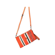 Greek loom made clutch and shoulder bag, 'hera' natural dyed wool, leather straps, orange white and black