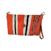 Greek loom made clutch and shoulder bag, 'hera' natural dyed wool, leather straps, orange white and black