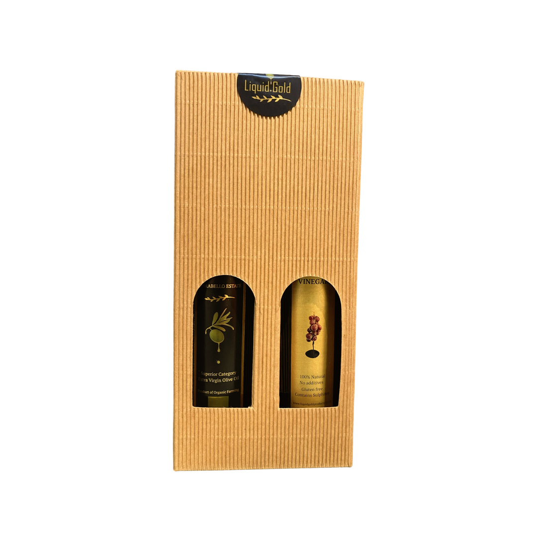 Luxury gift of a Cretan extra virgin olive oil and a Greek baslamic vinegar, presented in a windowed Kraft gift box