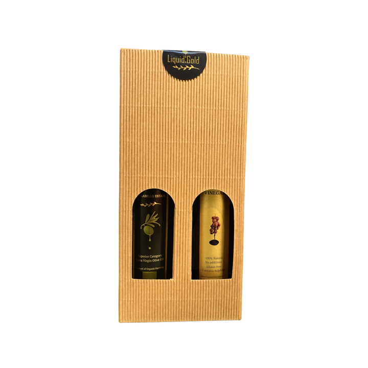 Luxury gift of a Cretan extra virgin olive oil and a Greek baslamic vinegar, presented in a windowed Kraft gift box