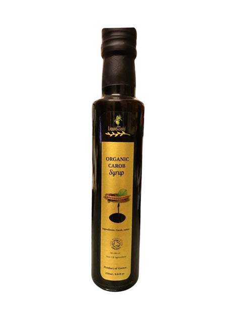 Organic Cretan carob syrup by Liquid Gold Products, pure carob, no added sugar, very concentrated, 250ml bottle