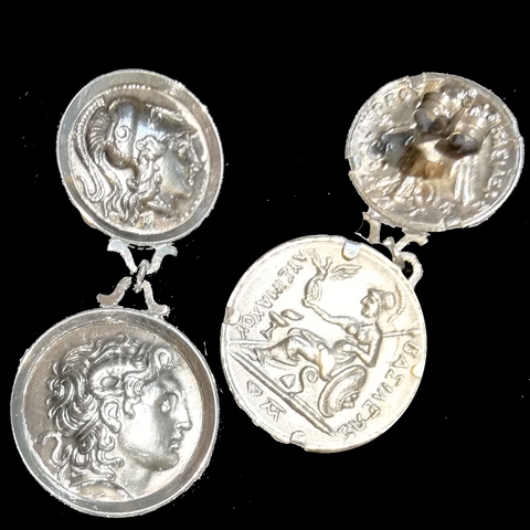 Solid silver earrings with Alexander the Great double linked coin earrings, 2nd image on reverse