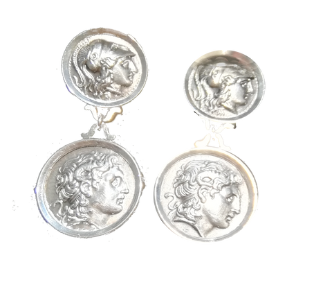 Solid silver earrings with Alexander the Great coin earrings, double linked coins