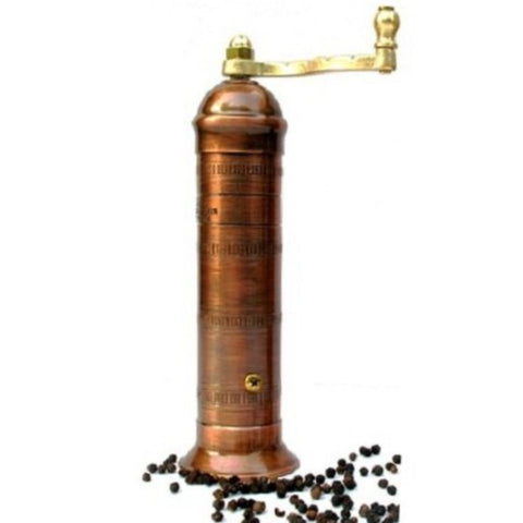 antiqued-copper pepper grinder, solid brass, copper finish, stainless steel mechanism, hand made in Greece
