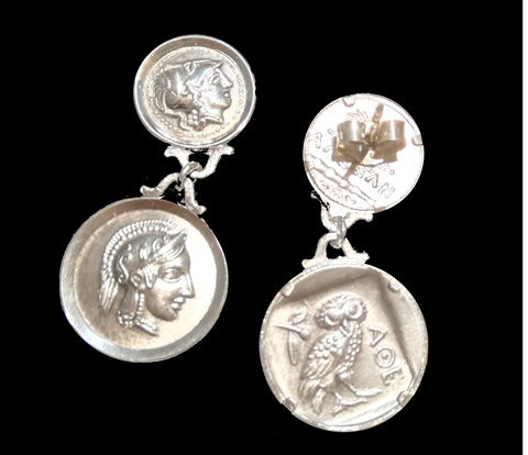 Solid silver earrings with Goddess Athena, owl on reverse, hand made in Greece