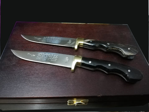 Hand made Cretan steak knives, boxed set of 6 with dark horn handle, solid brass heel, inscription