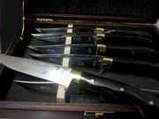 Hand made Cretan steak knives, boxed set of 6 with dark horn handle, solid brass heel, inscription