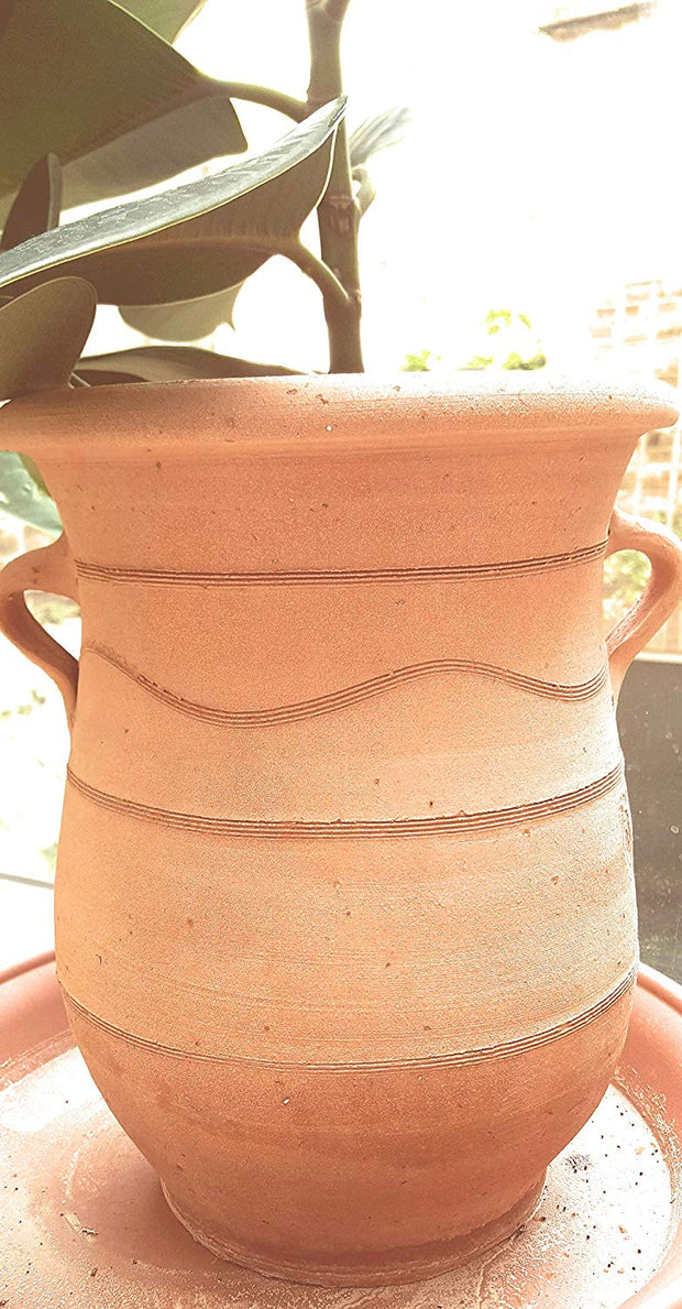 Cretan handmade terracotta pot/ planter, curvaceous with Minoan patterns and handles - Bogiazopitharo 30cm