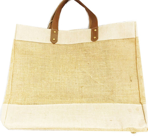 jute and leather shopping tote bag, eco friendly