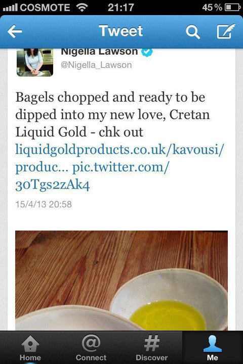 Nigella Lawson tweet about Cretan Liquid Gold Organic - her new love