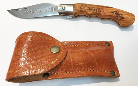 Pocket knife, olive wood handle, 9cm ,S/S blade, leaf inscription, leather belt sheath