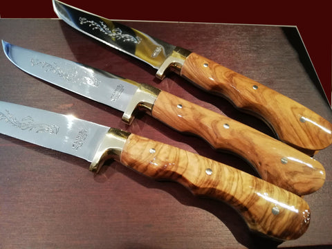 Hand made Cretan steak knives, boxed set of 6 with olive wood handle, solid brass heel, inscription