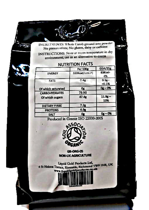 Greek raw organic carob powder by Liquid Gold Products, flour or cocoa alternative 300g bag