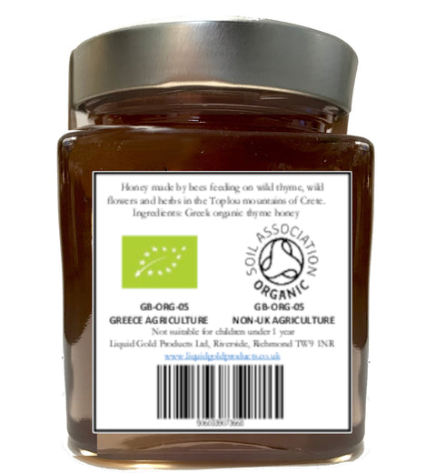 Greek organic raw thyme honey from Crete, great taste award, 420 g jar