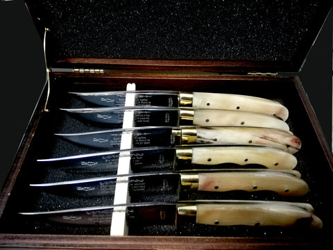 Hand made Cretan steak knives, boxed set of 6 with light horn handle, solid brass heel, inscription