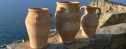 Cretan ceramic pots, 50cm pithos on left, 60cm pithari middle, 50cm Laina on right