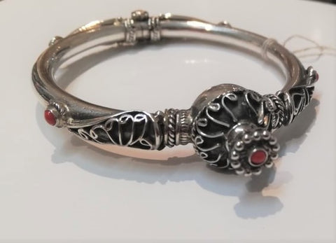 Solid silver bangle, hand madein Greece, intricate scroll work, inlaid red coral beads